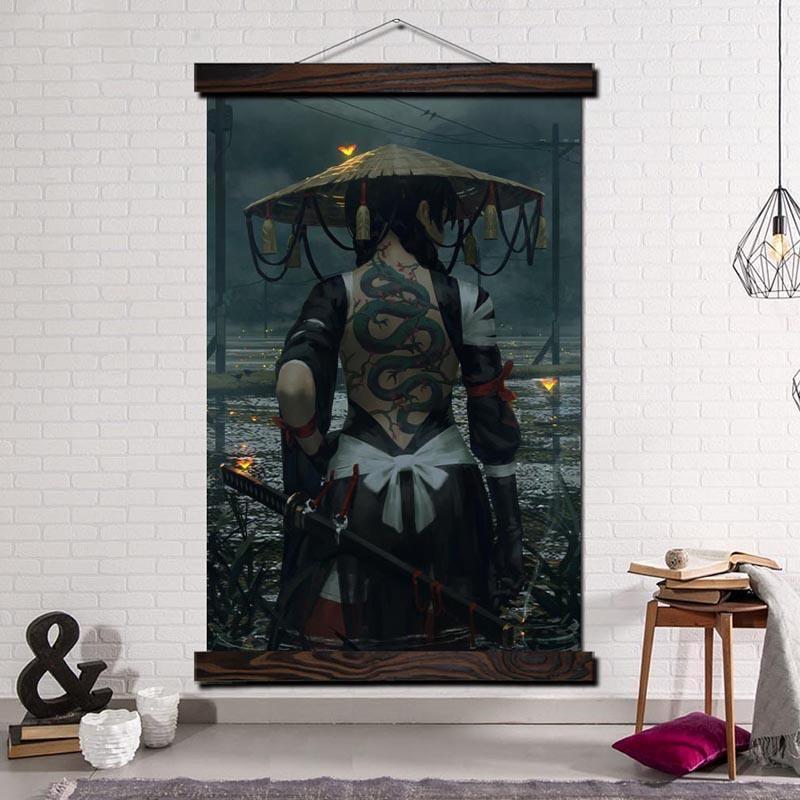 Japansk Maleri Samurai Kvinne Japansk Maleri Samurai Kvinne