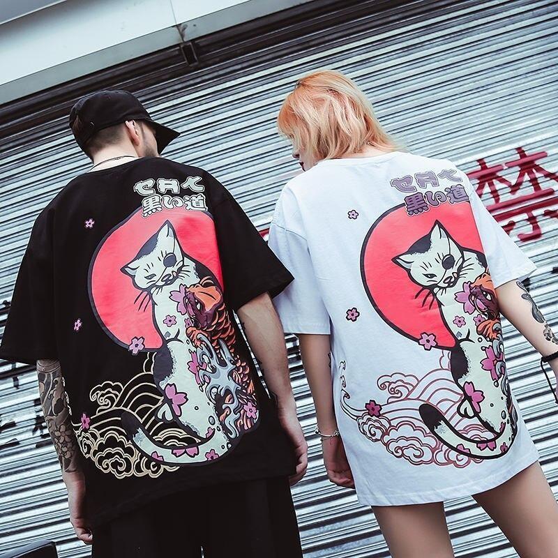 Japansk T skjorte med Kattetrykk Japansk T skjorte med Kattetrykk